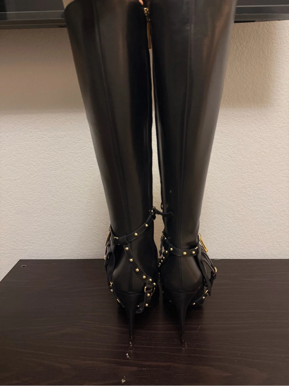 Kendall Mill Black Tall Leather Stiletto Boots with Gold Accent
